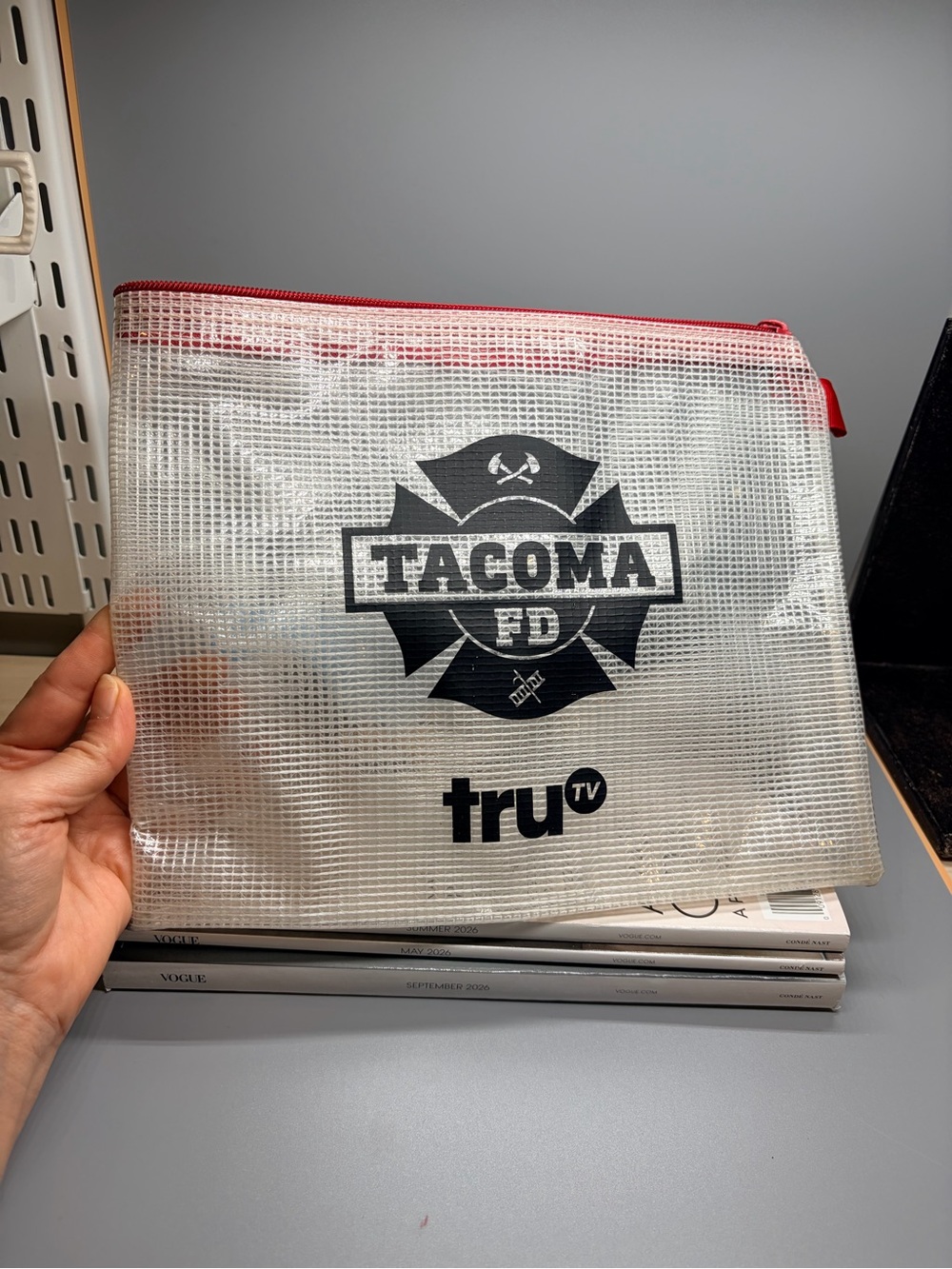 Tacoma Clear Mesh Cosmetic Pouch with Red Trim